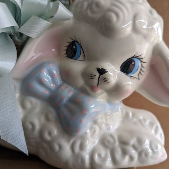 Vintage Playful Baby Lamb with Poke Dot Bow Tie Ceramic Planter Nursery Decor - Picture 3 of 11